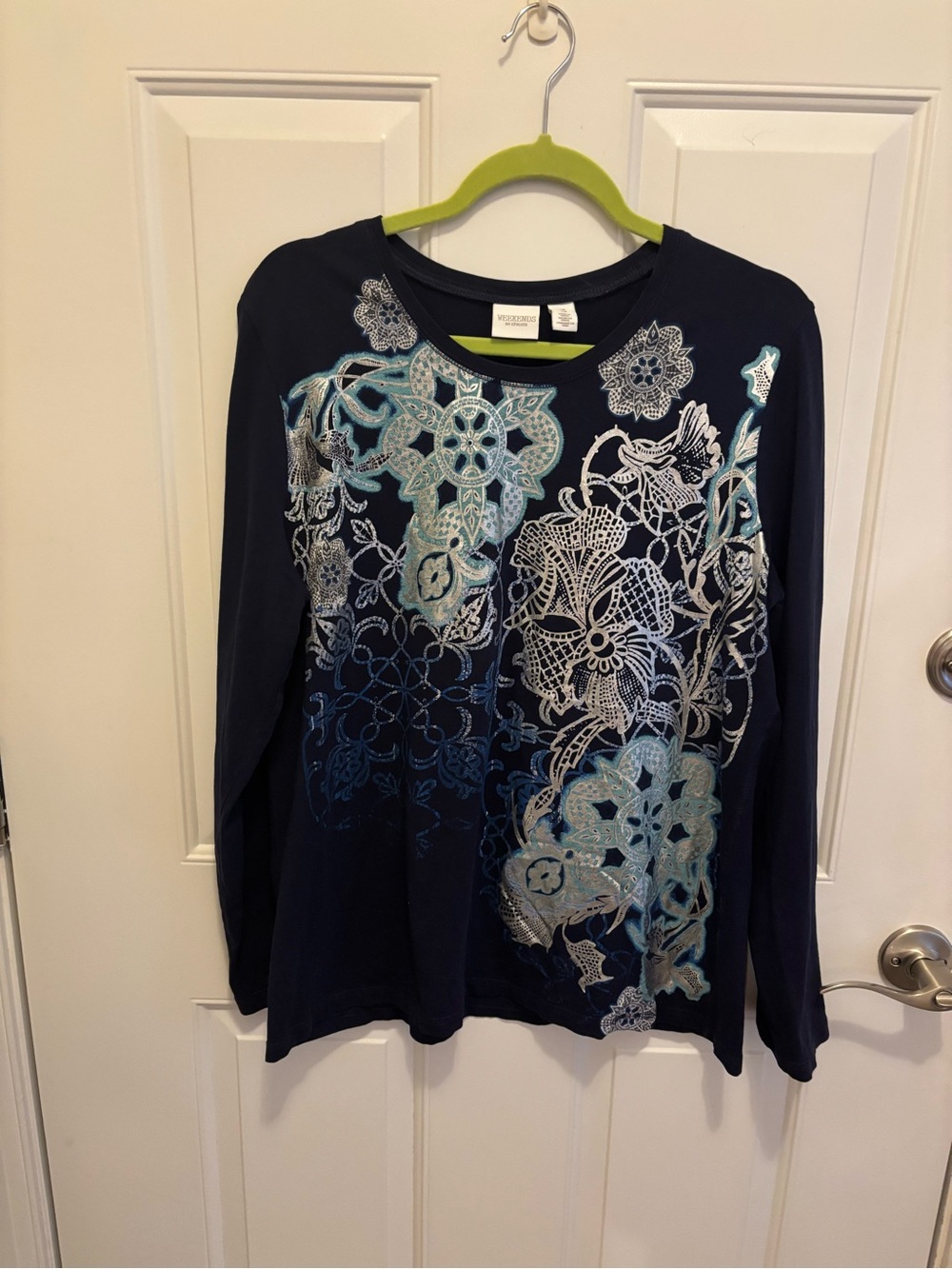 Chico's Navy Long-Sleeve Floral Lace-Print Top with Aqua Accents